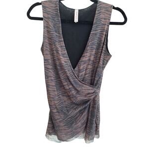 Sheer Mesh Tiger Print Top Womens Large Cowl Neck Draped Y2K Clubwear